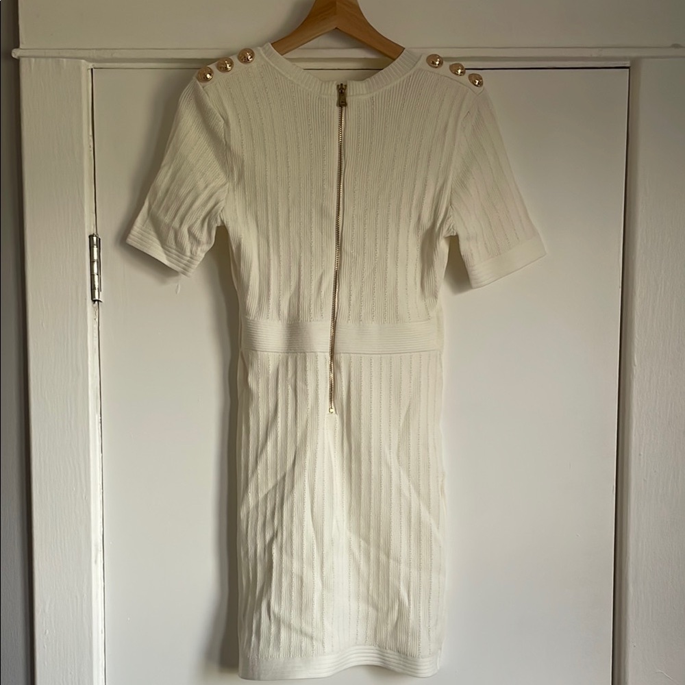 Cream Ribbed Buttoned Sheath Mini Dress - Picture 3 of 9
